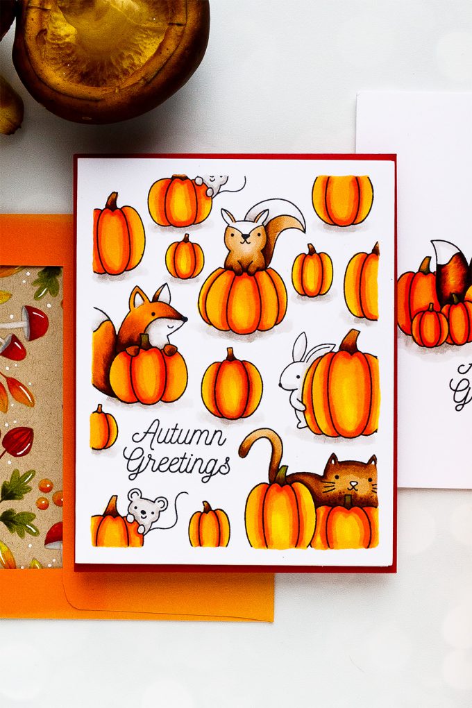 One Layer Stamping - Fall Cards 5 Ways with Pretty Pink Posh Pumpkin Patch Critters, Simple Sayings: Kind and Autumn Wreath stamp sets #yscardmaking #stamping #prettypinkposh #onelayercard #fallcard #autumncard