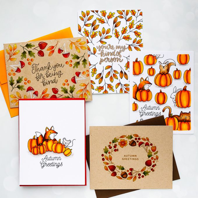 One Layer Stamping - Fall Cards 5 Ways with Pretty Pink Posh Pumpkin Patch Critters, Simple Sayings: Kind and Autumn Wreath stamp sets #yscardmaking #stamping #prettypinkposh #onelayercard #fallcard #autumncard