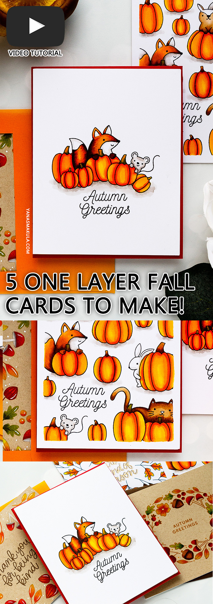 One Layer Stamping - Fall Cards 5 Ways with Pretty Pink Posh Pumpkin Patch Critters, Simple Sayings: Kind and Autumn Wreath stamp sets #yscardmaking #stamping #prettypinkposh #onelayercard #fallcard #autumncard