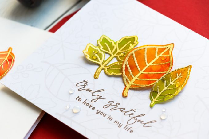 Alcohol Ink Fall Leaves Clean & Simple Gratitude Cards with Reverse Confetti Fall Foliage stamp set. Video tutorial by Yana Smakula #yscardmaking #alcoholink #fallcard #autumncard #gratitudecard #thanksgivingcard #happymail #diycard