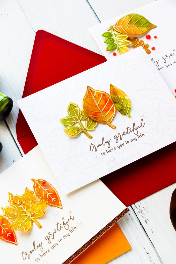 Alcohol Ink Fall Leaves Clean & Simple Gratitude Cards with Reverse Confetti Fall Foliage stamp set. Video tutorial by Yana Smakula #yscardmaking #alcoholink #fallcard #autumncard #gratitudecard #thanksgivingcard #happymail #diycard