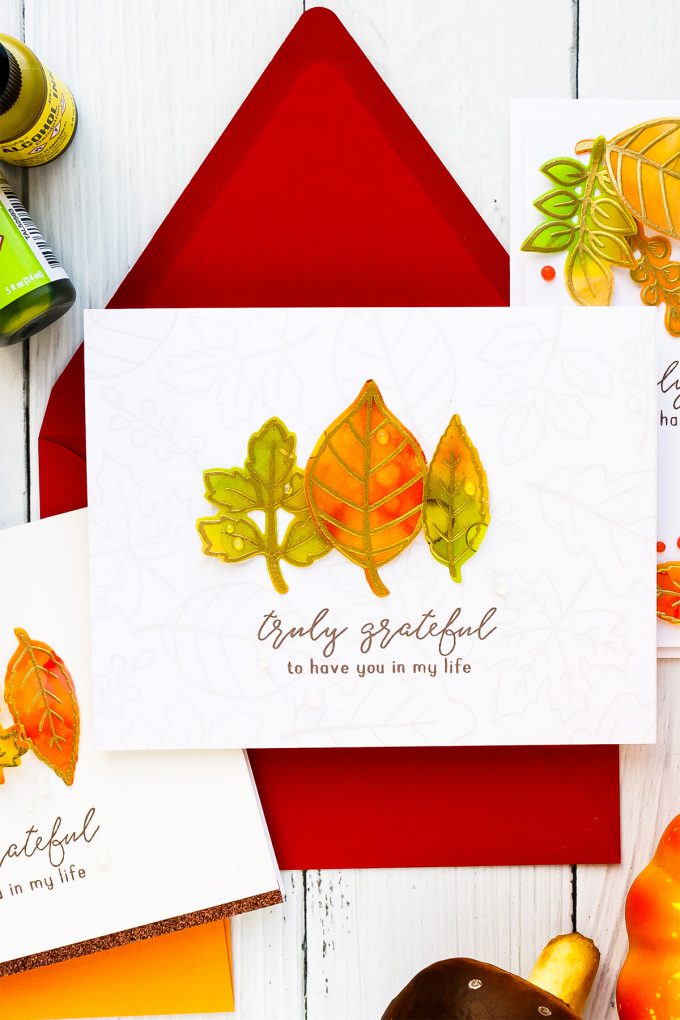 Alcohol Ink Fall Leaves Clean & Simple Gratitude Cards with Reverse Confetti Fall Foliage stamp set. Video tutorial by Yana Smakula #yscardmaking #alcoholink #fallcard #autumncard #gratitudecard #thanksgivingcard #happymail #diycard