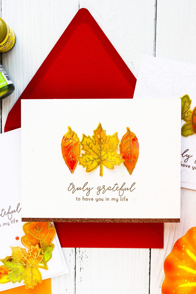 Alcohol Ink Fall Leaves Clean & Simple Gratitude Cards with Reverse Confetti Fall Foliage stamp set. Video tutorial by Yana Smakula #yscardmaking #alcoholink #fallcard #autumncard #gratitudecard #thanksgivingcard #happymail #diycard