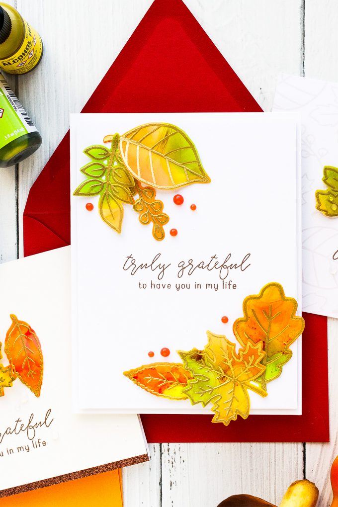 Alcohol Ink Fall Leaves Clean & Simple Gratitude Cards with Reverse Confetti Fall Foliage stamp set. Video tutorial by Yana Smakula #yscardmaking #alcoholink #fallcard #autumncard #gratitudecard #thanksgivingcard #happymail #diycard