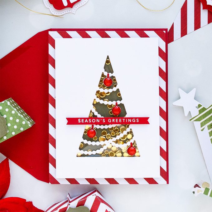 Seasons Greetings Christmas Shaker Card by Yana Smakula using Spellbinders November 2018 Large Die of the Month #diecutting #shakercard