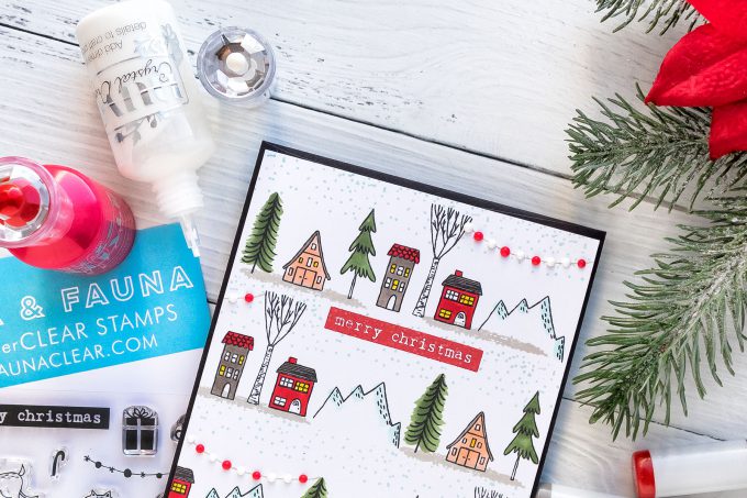 How to stamp a one layer Christmas Village card. Flora & Fauna | One Layer Holiday Village Card. Photo Tutorial featuring Woodland Snowglobe stamp set #cardmaking #christmascard