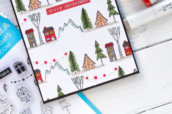 How to stamp a one layer Christmas Village card. Flora & Fauna | One Layer Holiday Village Card. Photo Tutorial featuring Woodland Snowglobe stamp set #cardmaking #christmascard