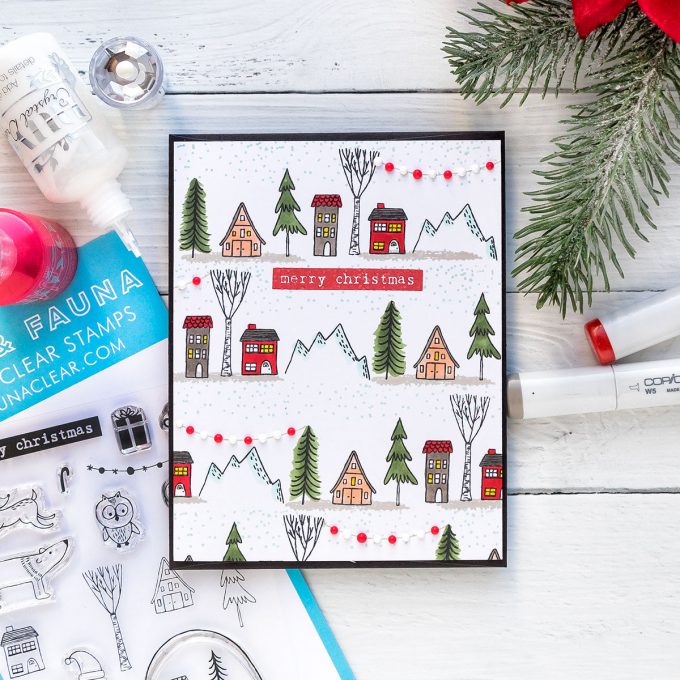 How to stamp a one layer Christmas Village card. Flora & Fauna | One Layer Holiday Village Card. Photo Tutorial featuring Woodland Snowglobe stamp set #cardmaking #christmascard