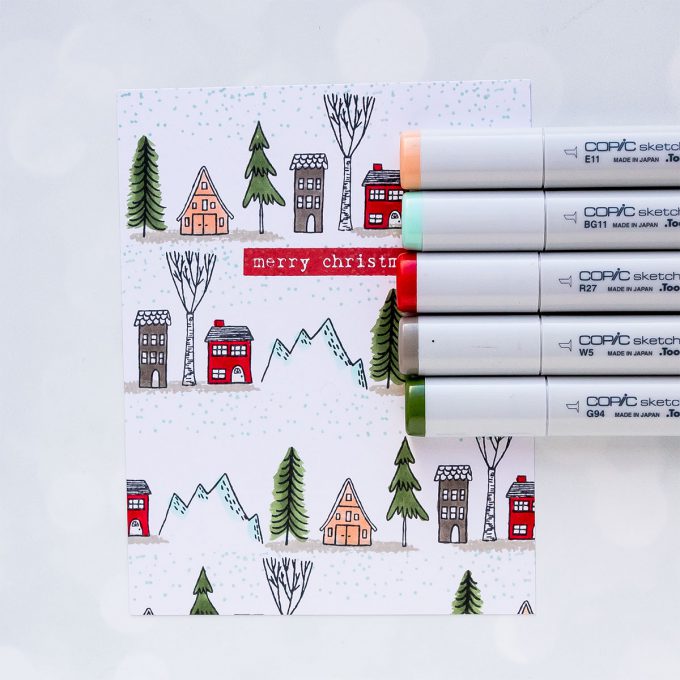 How to stamp a one layer Christmas Village card. Flora & Fauna | One Layer Holiday Village Card. Photo Tutorial featuring Woodland Snowglobe stamp set #cardmaking #christmascard