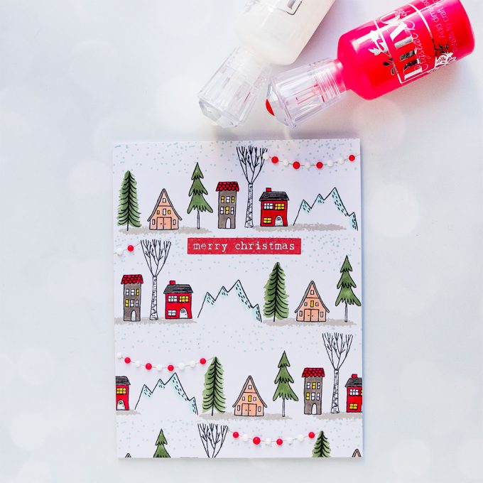 How to stamp a one layer Christmas Village card. Flora & Fauna | One Layer Holiday Village Card. Photo Tutorial featuring Woodland Snowglobe stamp set #cardmaking #christmascard