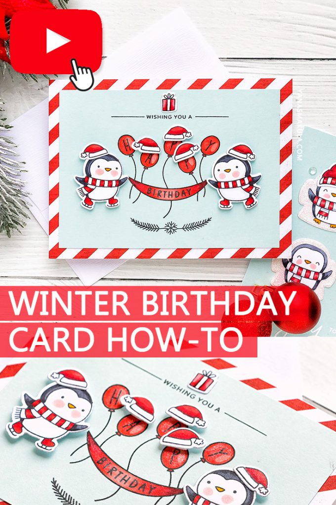 How to make a Winter Birthday Penguin Card. Video tutorial. Pretty Pink Posh Penguins Pals stamps. #winterbirthday #wintercard #penguincard