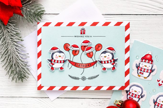 How to make a Winter Birthday Penguin Card. Video tutorial. Pretty Pink Posh Penguins Pals stamps. #winterbirthday #wintercard #penguincard