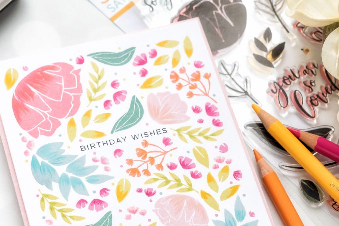 One Layer Floral Birthday Card with Simon Says Stamp So Loved stamp set. Video tutorial by Yana Smakula