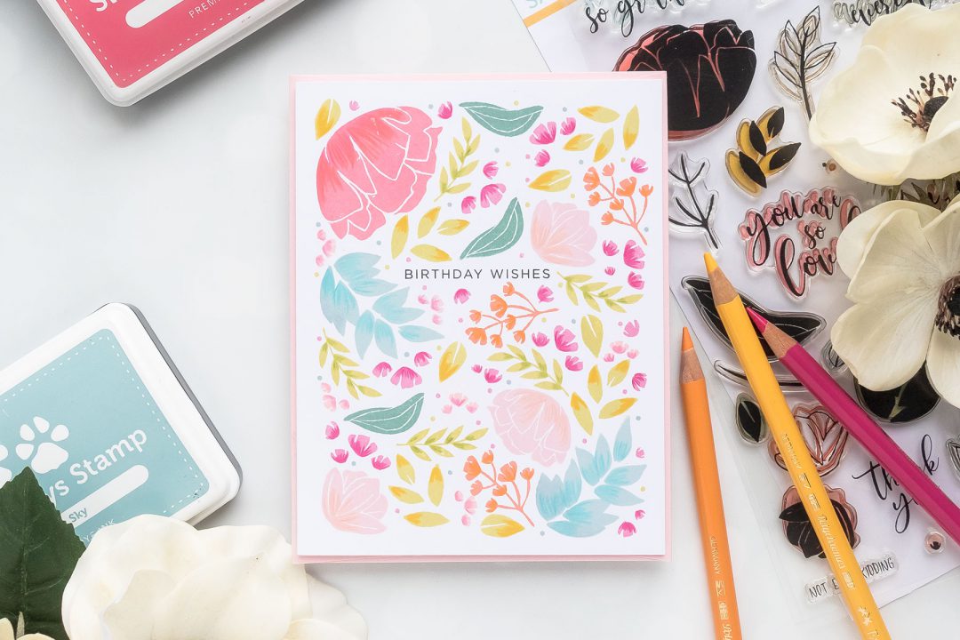 One Layer Floral Birthday Card with Simon Says Stamp So Loved stamp set. Video tutorial by Yana Smakula