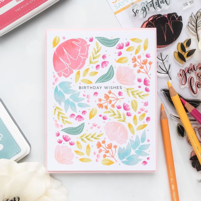 One Layer Floral Birthday Card with Simon Says Stamp So Loved stamp set. Video tutorial by Yana Smakula