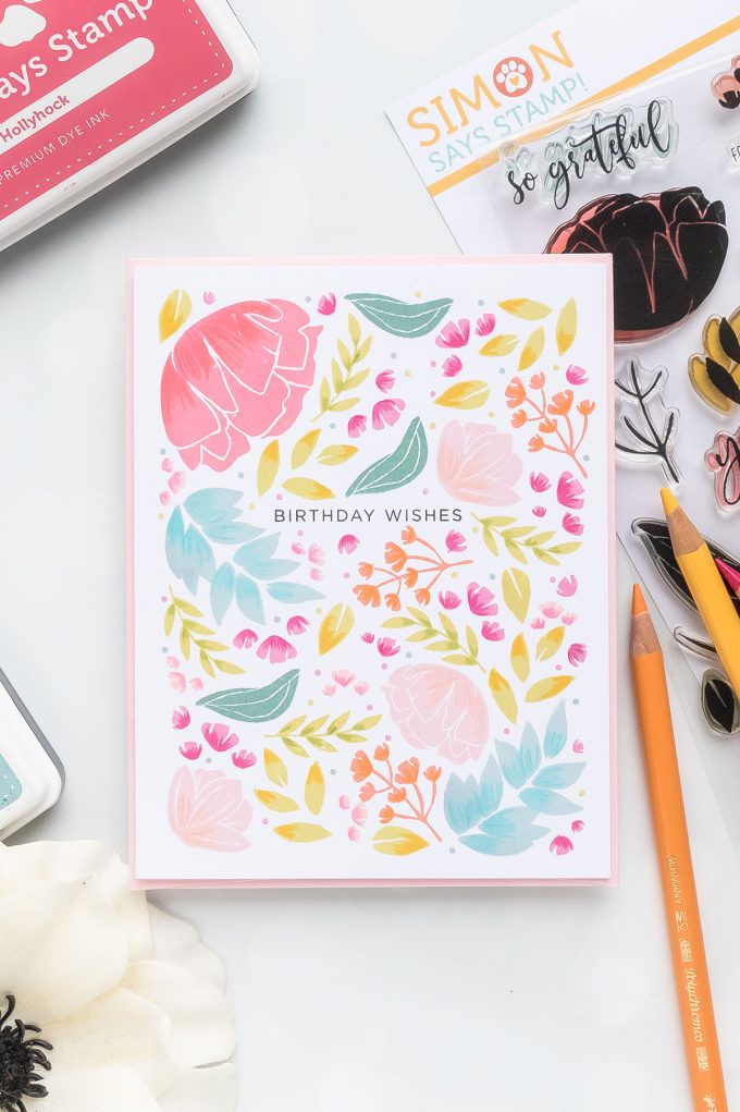 One Layer Floral Birthday Card with Simon Says Stamp So Loved stamp set. Video tutorial by Yana Smakula