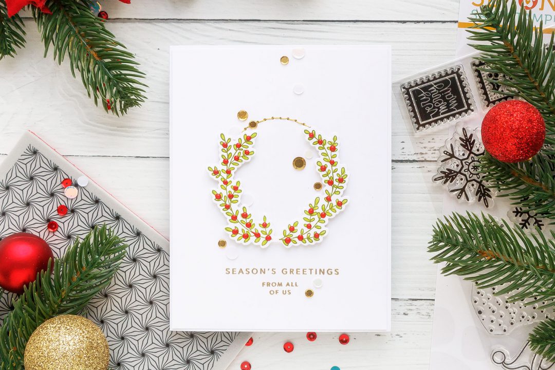 Clean & Simple Wreath Card with Gold Stitching. Handmade card by Yana Smakula for Simon Says Stamp