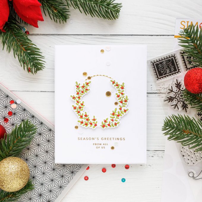 Clean & Simple Wreath Card with Gold Stitching. Handmade card by Yana Smakula for Simon Says Stamp