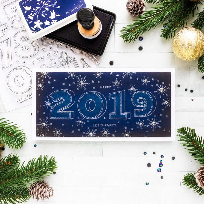 Handmade Happy New Year 2019 Card. Edit this design to fit 2020, 2021 or any other year ahead. Project by Yana Smakula for Simon Says Stamp