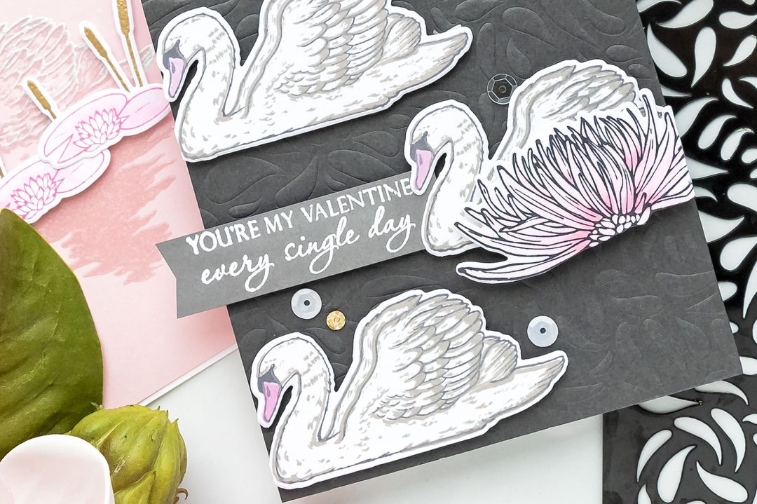 Swan Greeting Cards featuring "Color Layering Swan" stamp set from Hero Arts. Video tutorial by Yana Smakula