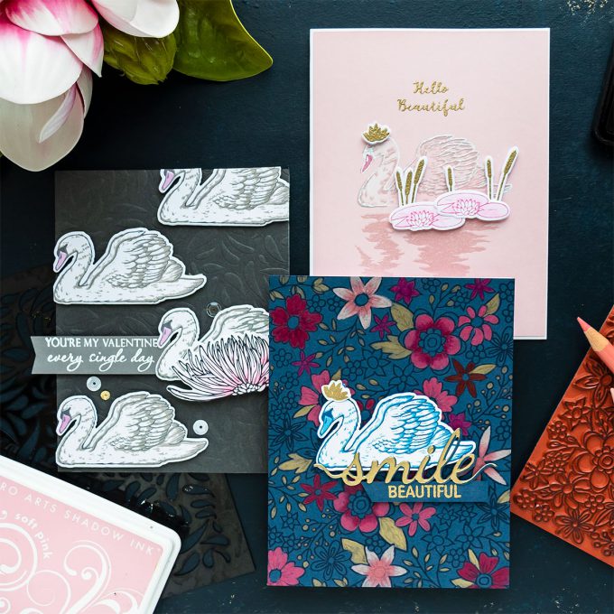 Swan Greeting Cards featuring "Color Layering Swan" stamp set from Hero Arts. Video tutorial by Yana Smakula