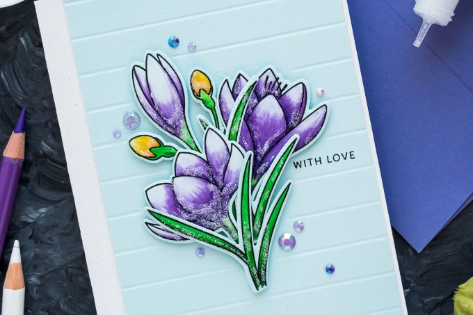 Pretty Pink Posh | Spring Crocuses Card by Yana Smakula featuring Polychromos Pencil Coloring 