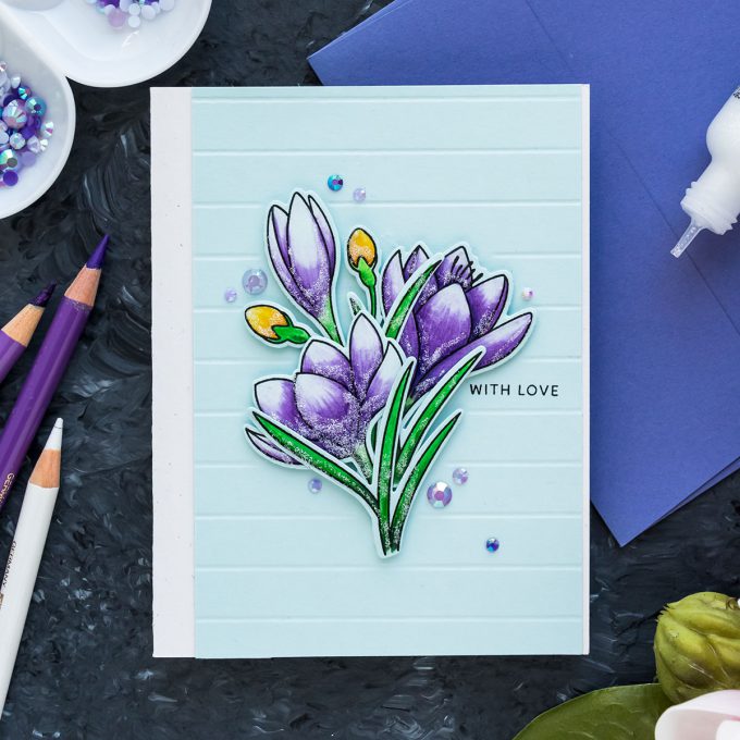 Pretty Pink Posh | Spring Crocuses Card by Yana Smakula featuring Polychromos Pencil Coloring 