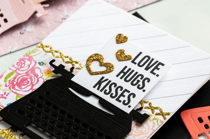 Spellbinders | January 2019 Card Kit - Typewriter Die Cards. Utilizing Scraps. Video tutorial by Yana Smakula. LOVE HUGS KISSES handmade card