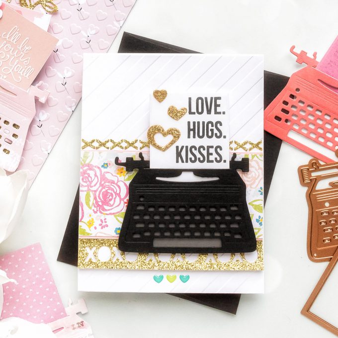 Spellbinders | January 2019 Card Kit - Typewriter Die Cards. Utilizing Scraps. Video tutorial by Yana Smakula. LOVE HUGS KISSES handmade card