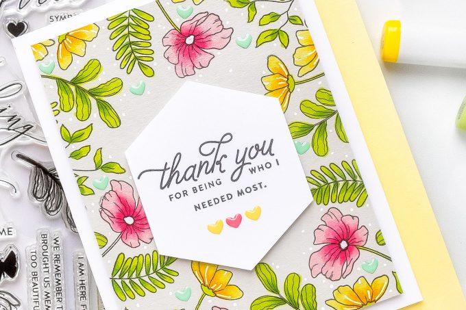 Simon Says Stamp | Spring Inspired Thank You Card featuring Copic Marker Coloring on colored cardstock. Video tutorial by Yana Smakula