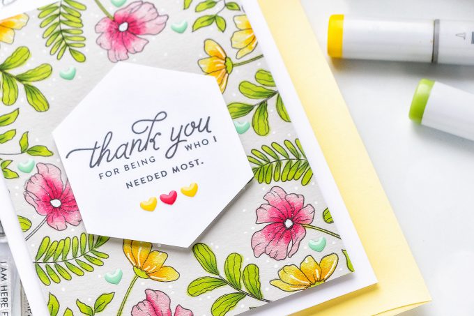 Simon Says Stamp | Spring Inspired Thank You Card featuring Copic Marker Coloring on colored cardstock. Video tutorial by Yana Smakula