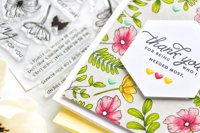 Simon Says Stamp | Spring Inspired Thank You Card featuring Copic Marker Coloring on colored cardstock. Video tutorial by Yana Smakula