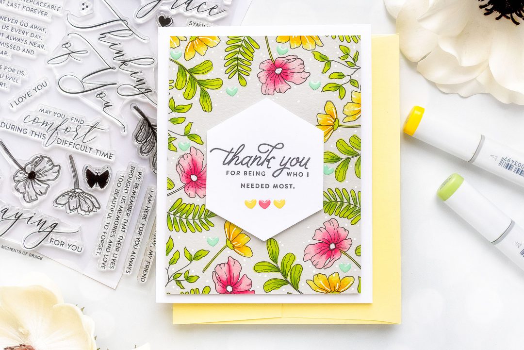 Simon Says Stamp | Spring Inspired Thank You Card featuring Copic Marker Coloring on colored cardstock. Video tutorial by Yana Smakula