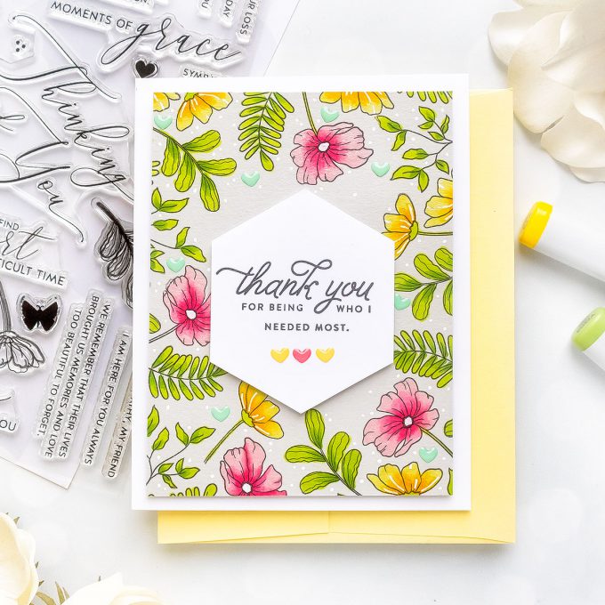 Simon Says Stamp | Spring Inspired Thank You Card featuring Copic Marker Coloring on colored cardstock. Video tutorial by Yana Smakula