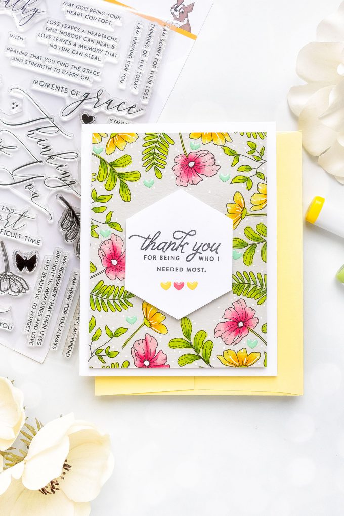 Simon Says Stamp | Spring Inspired Thank You Card featuring Copic Marker Coloring on colored cardstock. Video tutorial by Yana Smakula