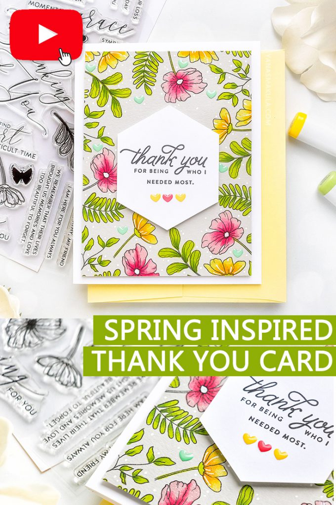 Simon Says Stamp | Spring Inspired Thank You Card featuring Copic Marker Coloring on colored cardstock. Video tutorial by Yana Smakula