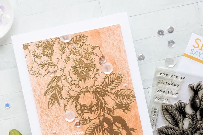 Simon Says Stamp | No-Coloring Floral Birthday Card with Mica Mist by Tonic Studios. Short Video tutorial by Yana Smakula