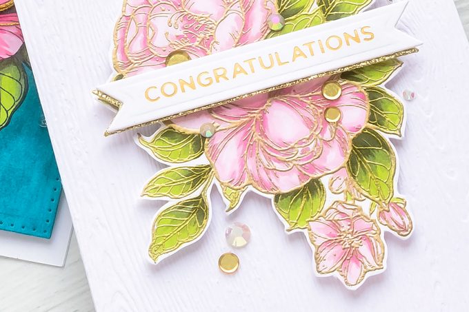 Spellbinders | Just Add Color collection by Stephanie Low. Dramatic Florals & Background with Copic Markers. Video tutorial by Yana Smakula. Congratulations Greeting Card