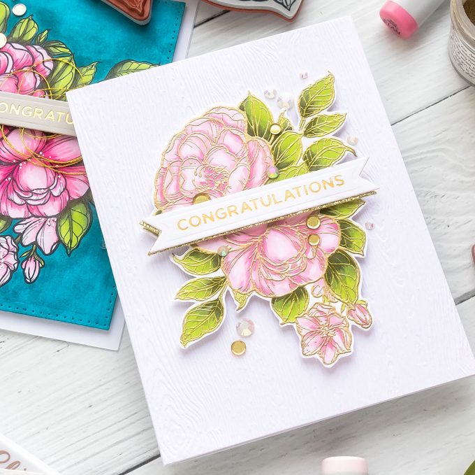 Spellbinders | Just Add Color collection by Stephanie Low. Dramatic Florals & Background with Copic Markers. Video tutorial by Yana Smakula. Congratulations Greeting Card