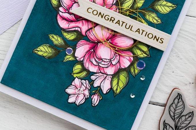 Spellbinders | Just Add Color collection by Stephanie Low. Dramatic Florals & Background with Copic Markers. Video tutorial by Yana Smakula. Congratulations Greeting Card