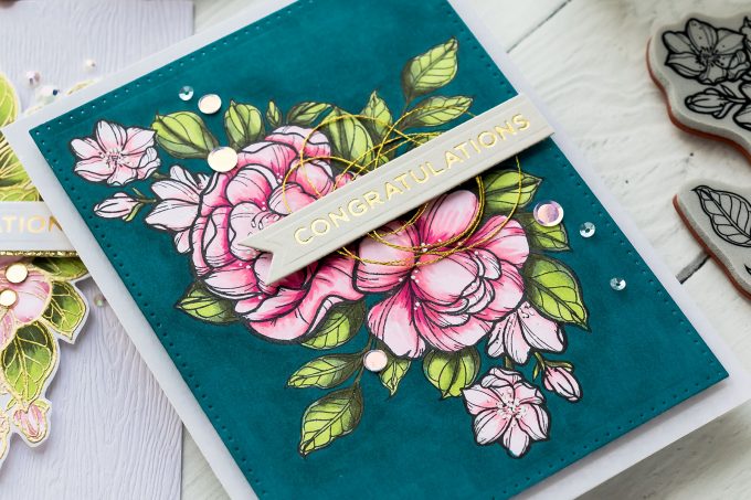 Spellbinders | Just Add Color collection by Stephanie Low. Dramatic Florals & Background with Copic Markers. Video tutorial by Yana Smakula. Congratulations Greeting Card