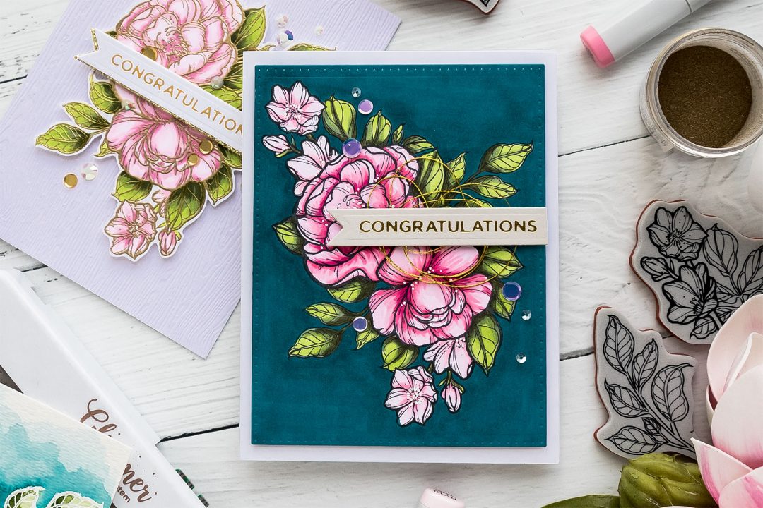 Spellbinders | Just Add Color collection by Stephanie Low. Dramatic Florals & Background with Copic Markers. Video tutorial by Yana Smakula. Congratulations Greeting Card