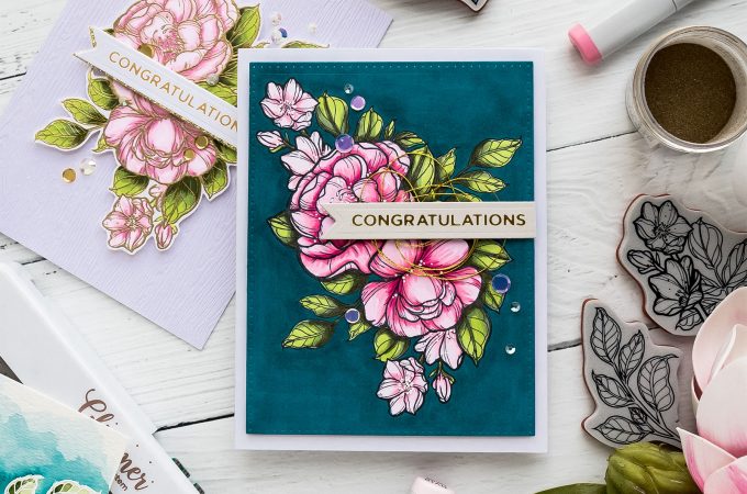 Spellbinders | Just Add Color collection by Stephanie Low. Dramatic Florals & Background with Copic Markers. Video tutorial by Yana Smakula. Congratulations Greeting Card