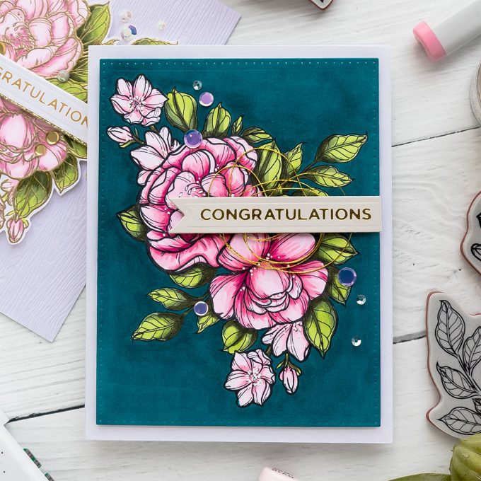 Spellbinders | Just Add Color collection by Stephanie Low. Dramatic Florals & Background with Copic Markers. Video tutorial by Yana Smakula. Congratulations Greeting Card