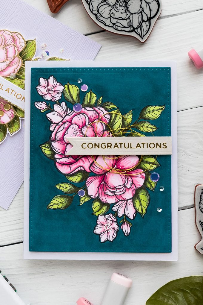 Spellbinders | Just Add Color collection by Stephanie Low. Dramatic Florals & Background with Copic Markers. Video tutorial by Yana Smakula. Congratulations Greeting Card