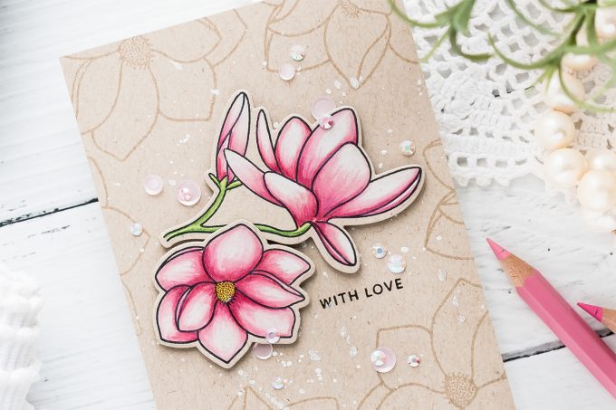 How to Color with Chameleon Dual Ended Color Pencils - 4Bar Magnolia Bloom Greeting Card with Pretty Pink Posh stamps. Video tutorial by Yana Smakula