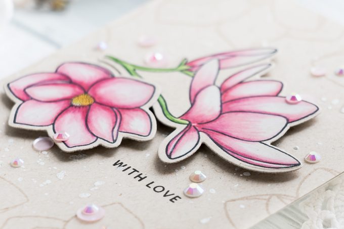 How to Color with Chameleon Dual Ended Color Pencils - 4Bar Magnolia Bloom Greeting Card with Pretty Pink Posh stamps. Video tutorial by Yana Smakula