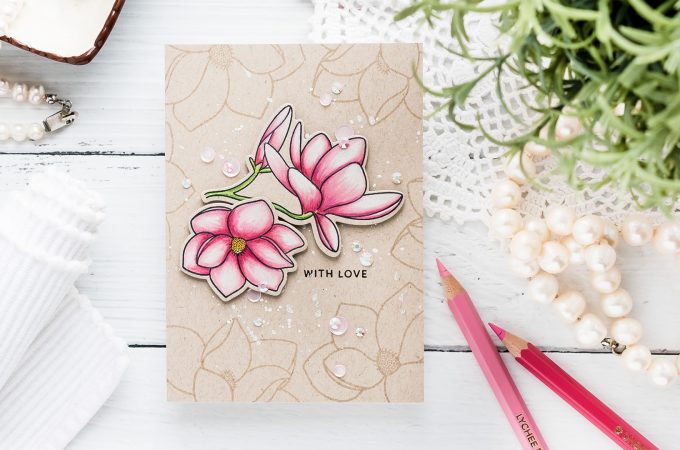 How to Color with Chameleon Dual Ended Color Pencils - 4Bar Magnolia Bloom Greeting Card with Pretty Pink Posh stamps. Video tutorial by Yana Smakula