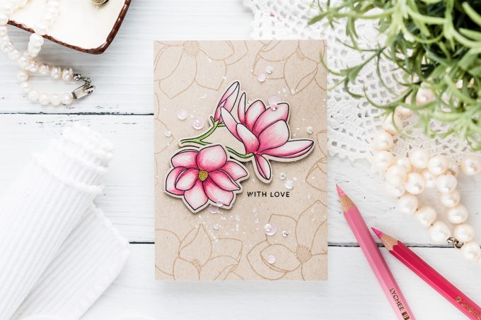 How to Color with Chameleon Dual Ended Color Pencils - 4Bar Magnolia Bloom Greeting Card with Pretty Pink Posh stamps. Video tutorial by Yana Smakula