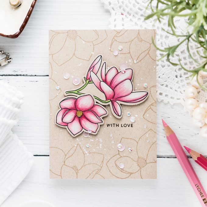 How to Color with Chameleon Dual Ended Color Pencils - 4Bar Magnolia Bloom Greeting Card with Pretty Pink Posh stamps. Video tutorial by Yana Smakula